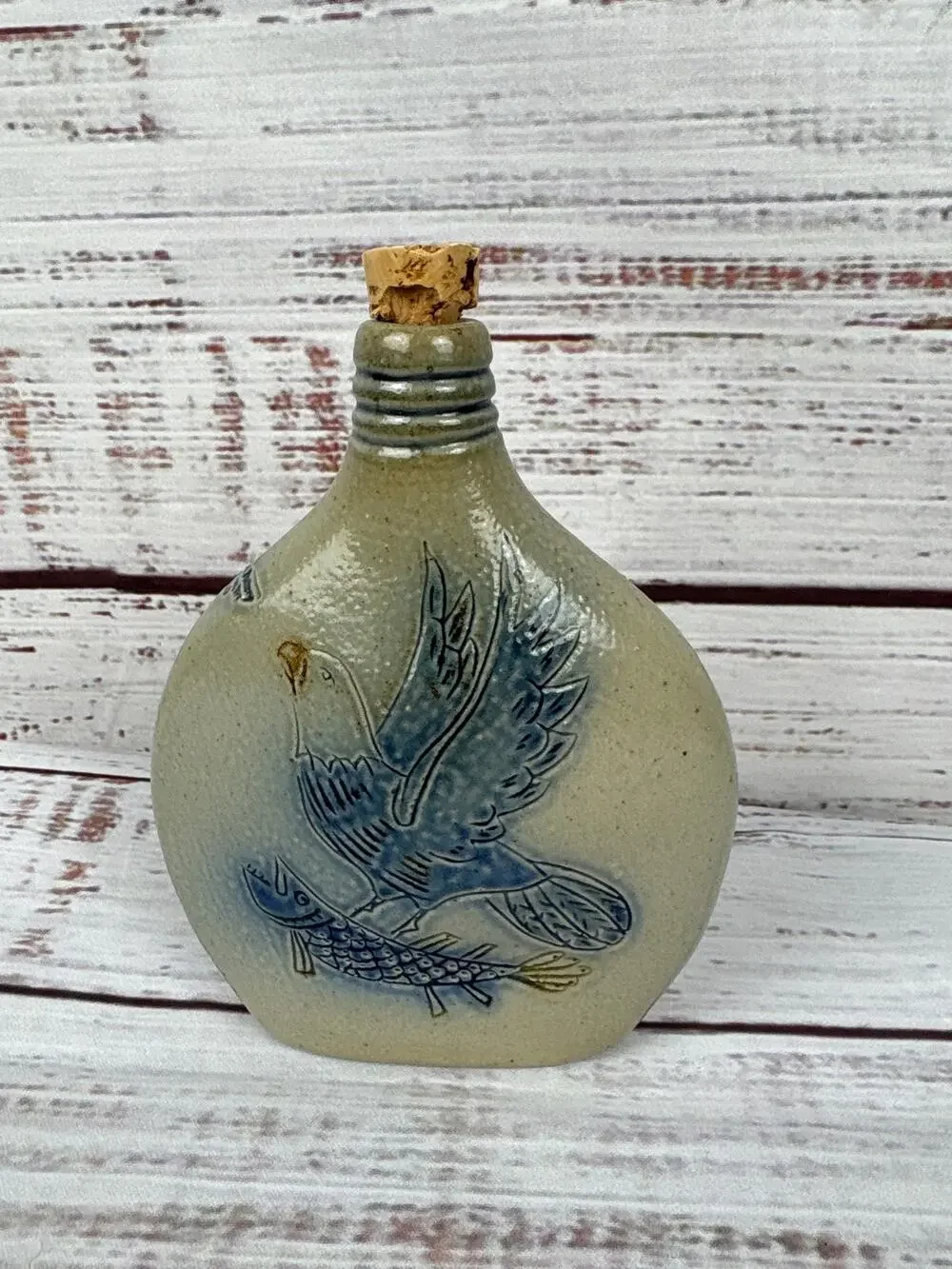 VTG Wisconsin Potter Co Corked Decanter Blue Salt Glaze Eagle Fish 6